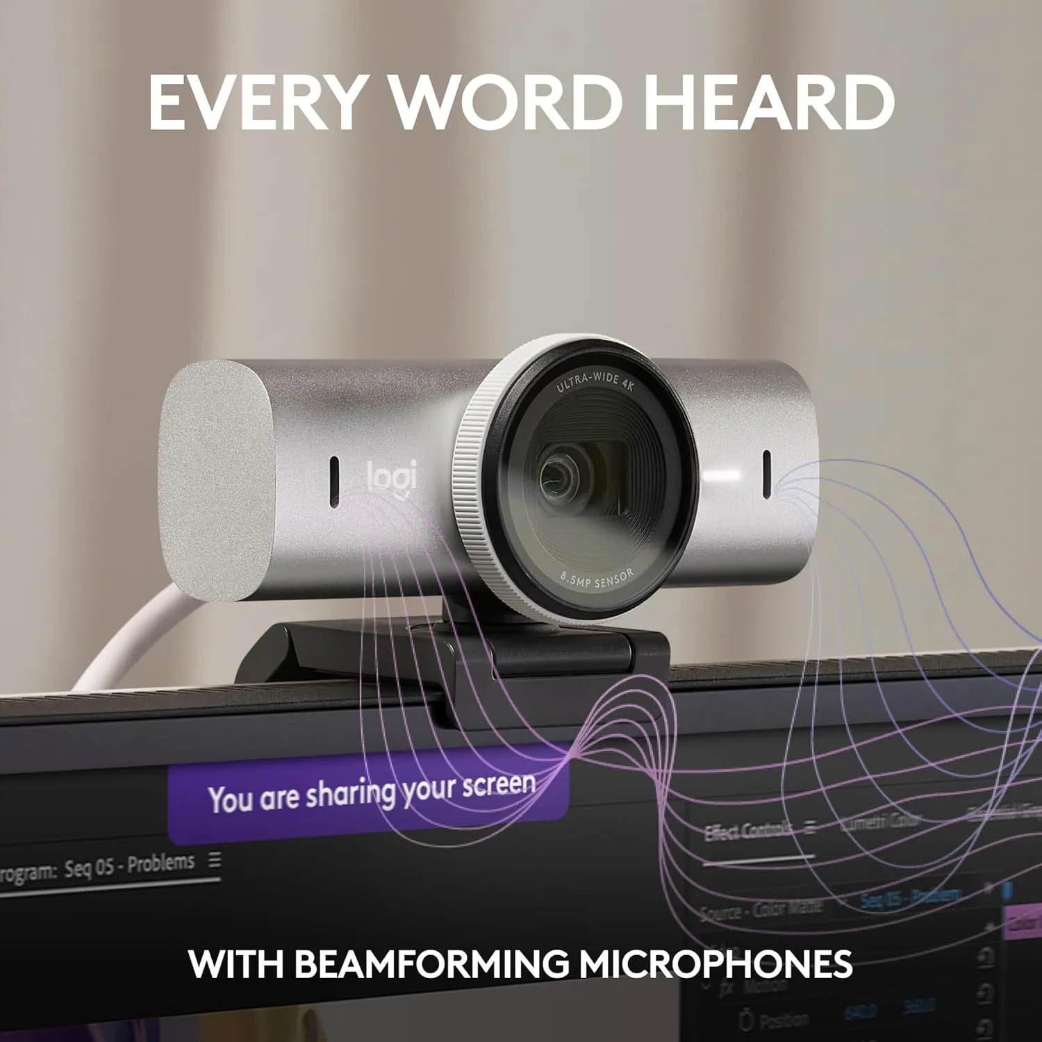Logitech MX Brio Ultra HD 4K Collaboration & Streaming Webcam, 1080p/60FPS - Pale Gray
