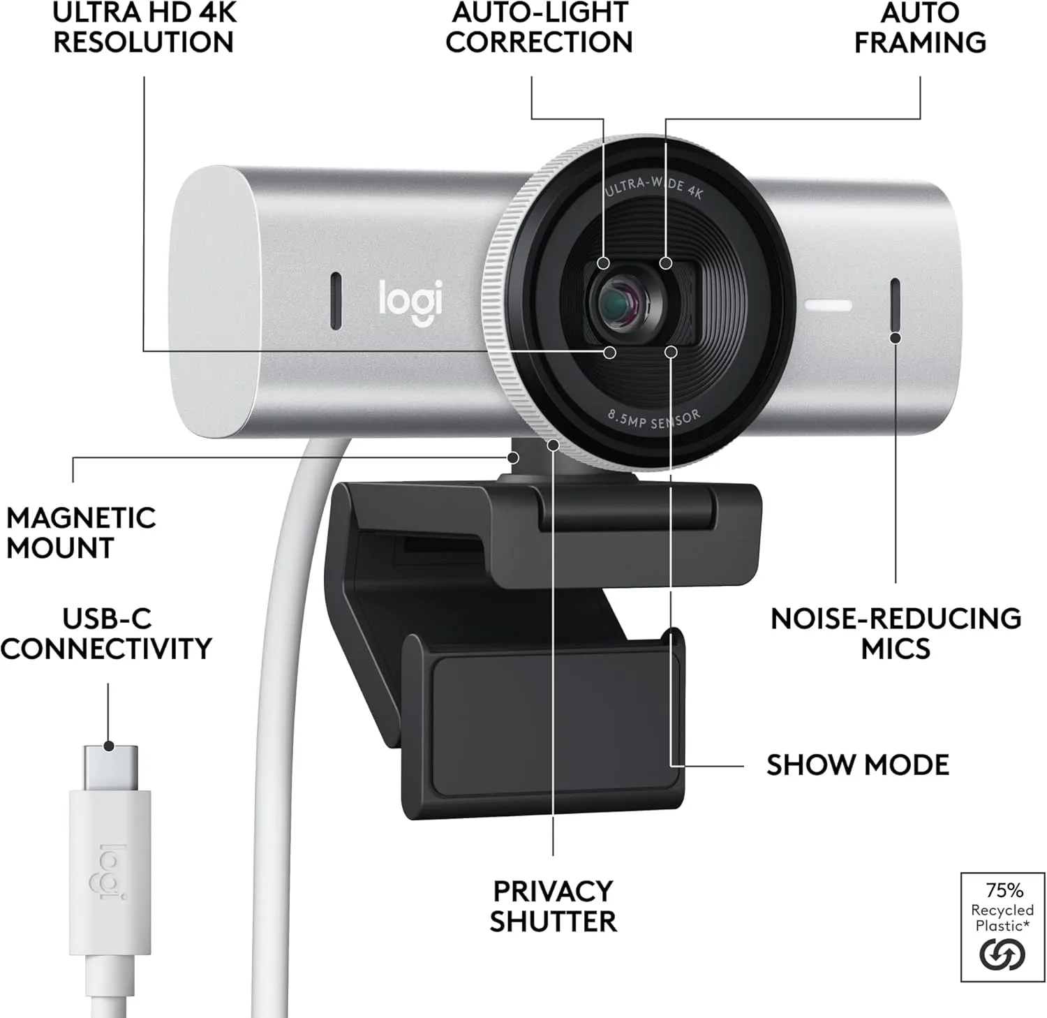 Logitech MX Brio Ultra HD 4K Collaboration & Streaming Webcam, 1080p/60FPS - Pale Gray