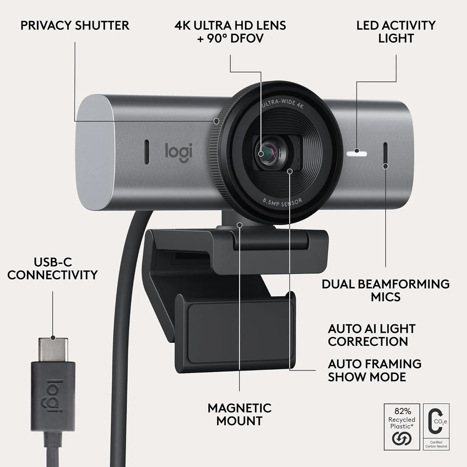 Logitech MX Brio 705 for Business 4K Webcam with Auto-Framing - Graphite