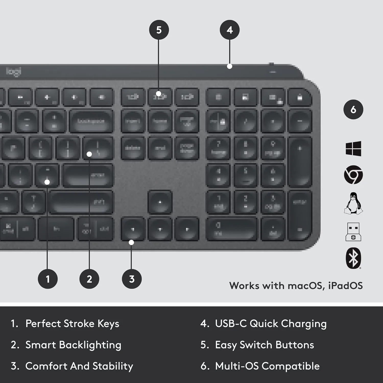 Logitech MX Keys Wireless Illuminated Keyboard for Business, Quiet Perfect-Stroke Keys, Logi Bolt Technology, Bluetooth