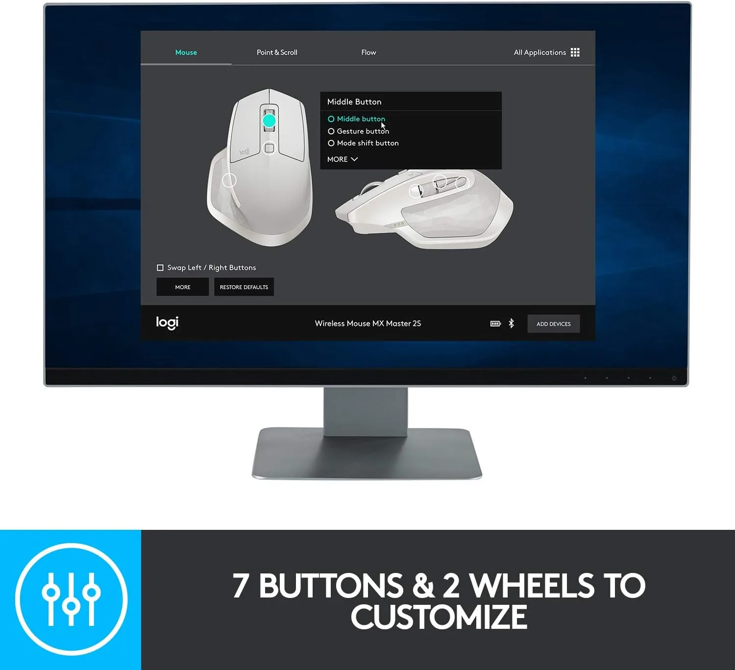 Logitech MX Master 2S Wireless Mouse, Multi-Device, Bluetooth or 2.4GHz Wireless with USB Unifying Receiver