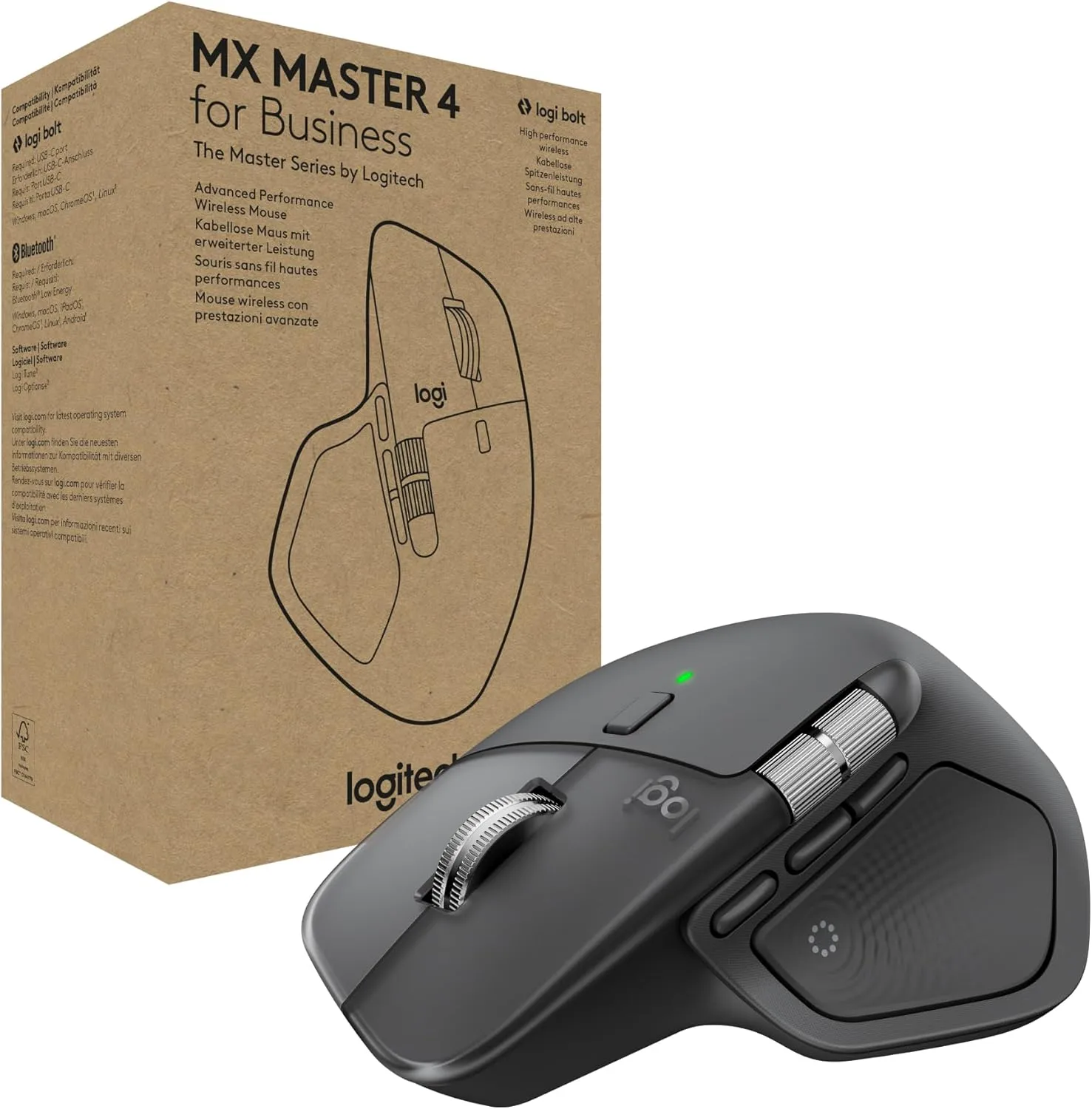 Logitech MX Master 4 for Business, Wireless Mouse with Quiet Clicks, 8K DPI, MagSpeed Scrolling, Logi Bolt Receiver, Bluetooth, Actions Ring, Haptics, USB-C Charging – Graphite