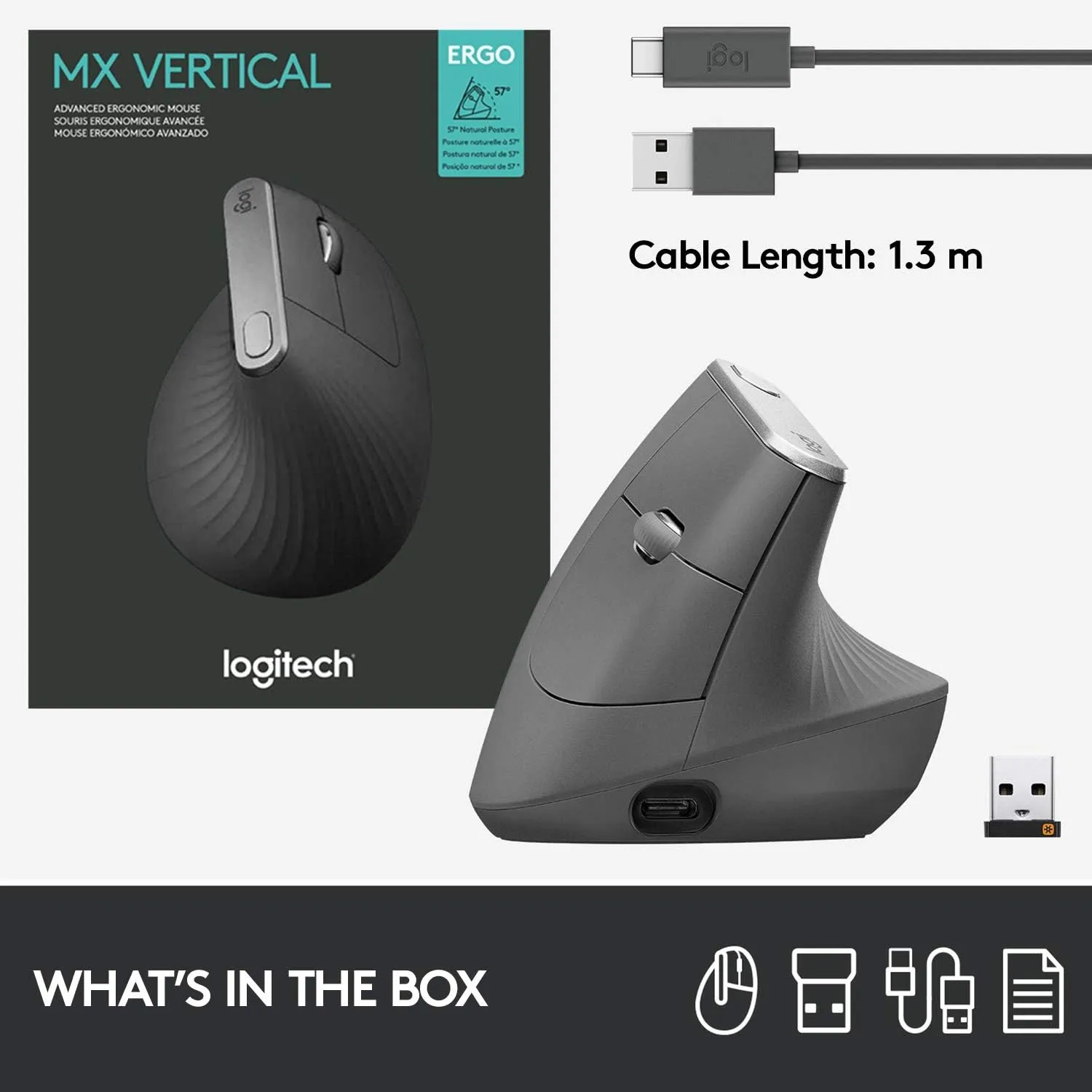 Logitech MX Vertical Wireless Mouse – Ergonomic, Rechargeable, Graphite