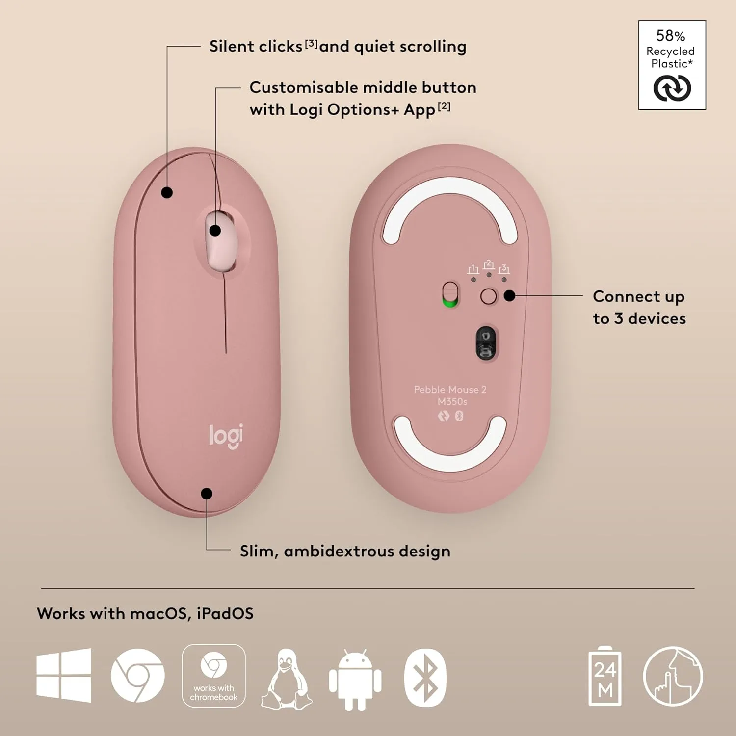 Logitech Pebble Mouse 2 M350s Slim Bluetooth Wireless Mouse