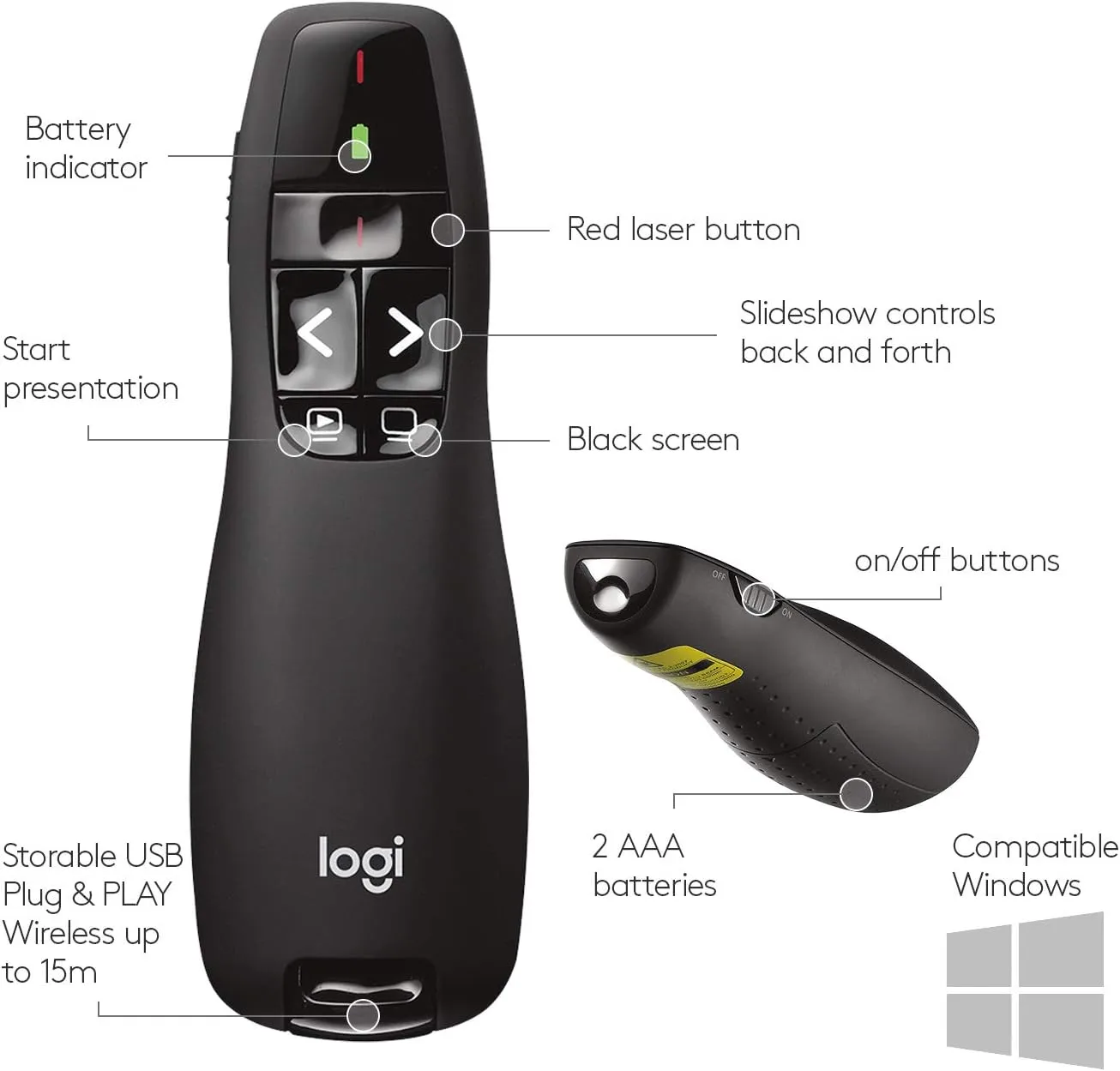 Logitech Wireless Presenter R400, PowerPoint Clicker with Laser Pointer