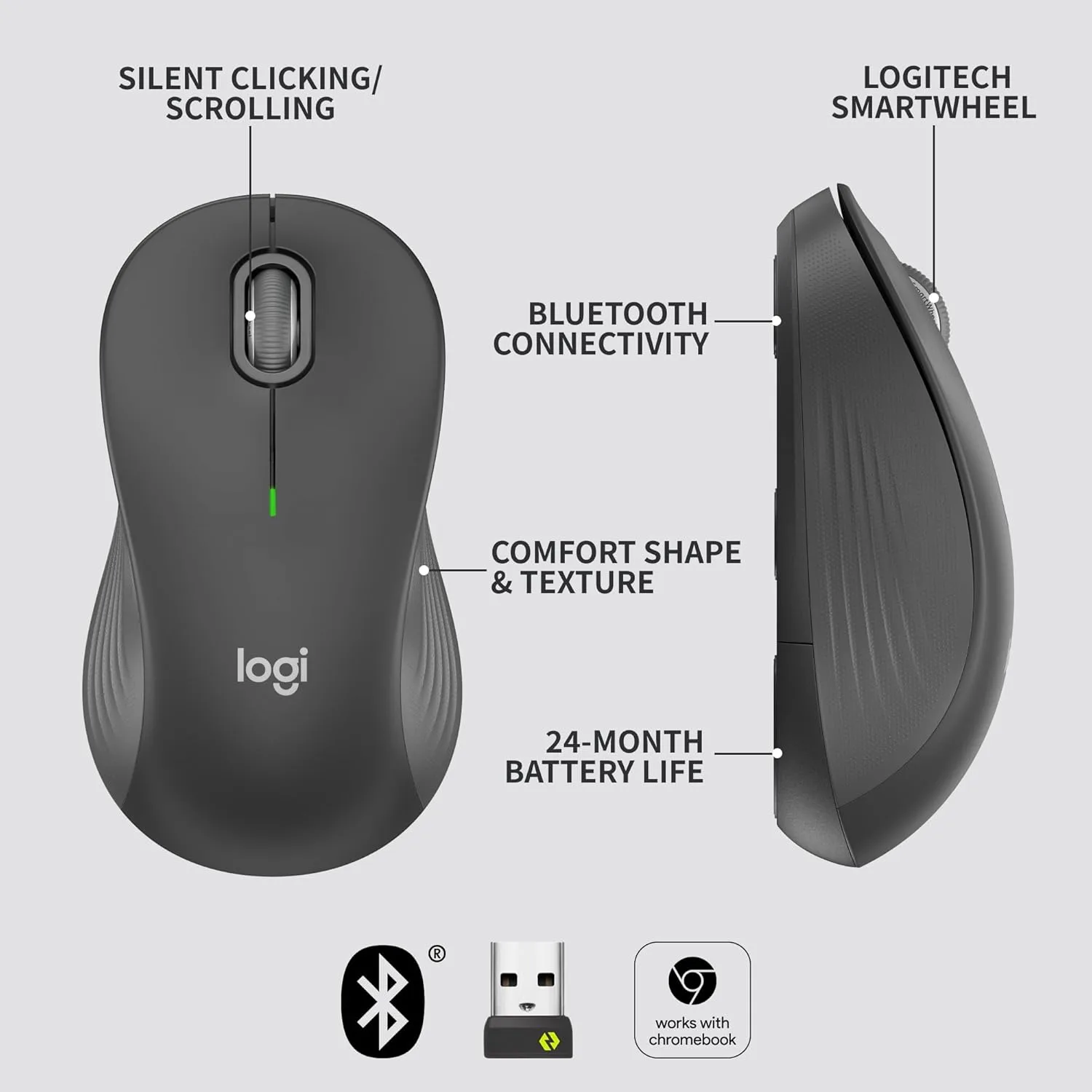 Logitech Signature M550 Wireless Mouse - Graphite, Bluetooth, 4000 dpi