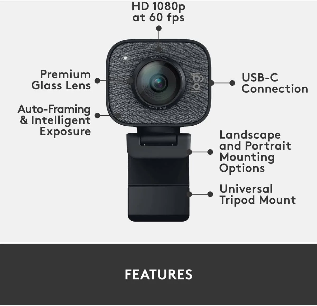 Logitech StreamCam Plus Webcam with Tripod Mount (Graphite), 1080p