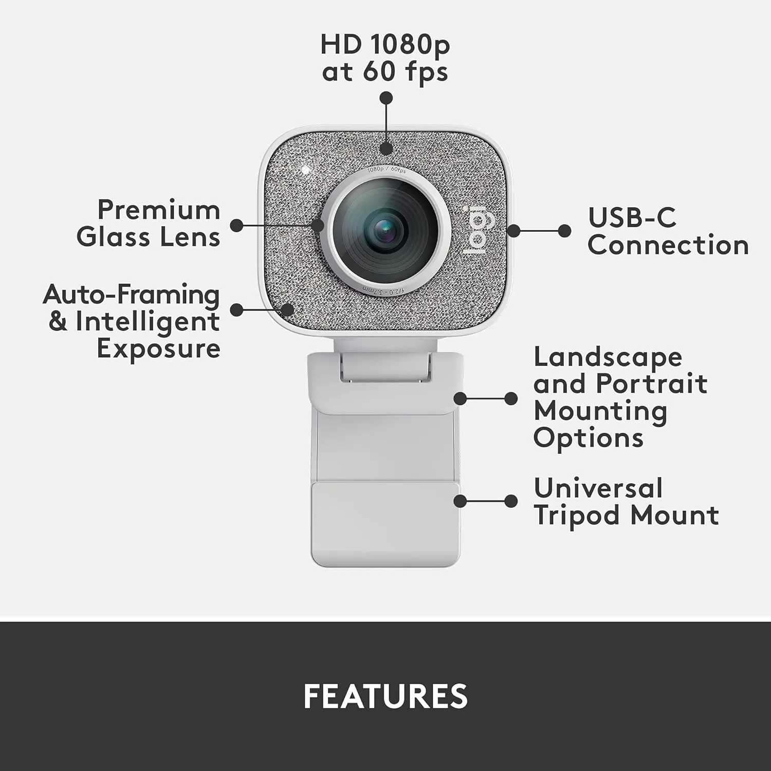 Logitech StreamCam Premium Webcam, Full HD 1080p 60fps — Off-White