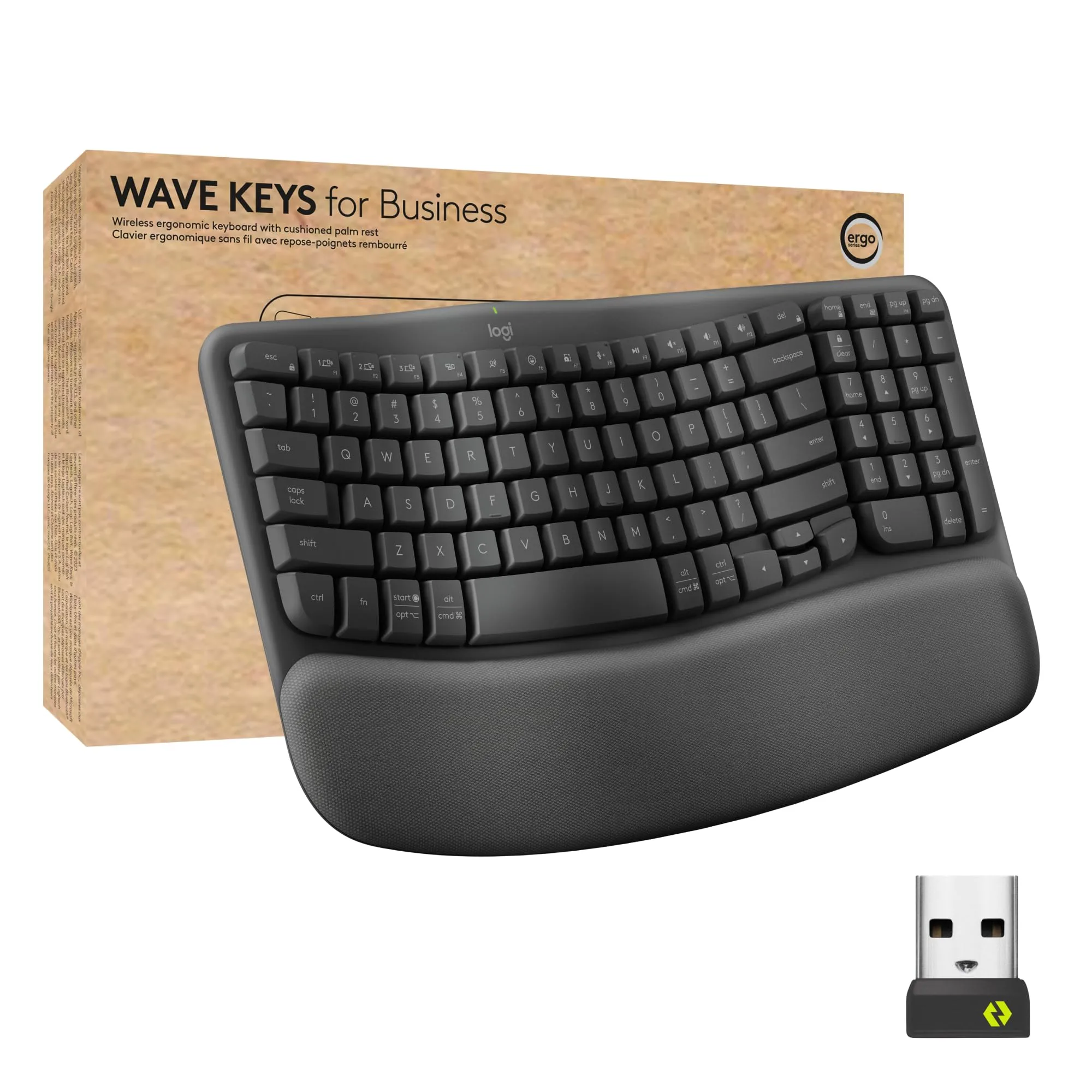 Logitech Wave Keys for Business, Wireless Ergonomic Keyboard with Cushioned Palm Rest, Secure Logi Bolt Technology