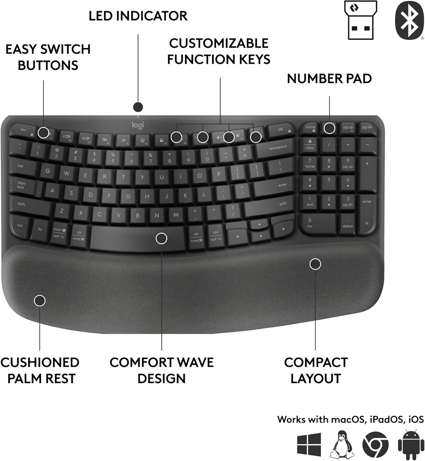 Logitech Wave Keys for Business, Wireless Ergonomic Keyboard with Cushioned Palm Rest, Secure Logi Bolt Technology