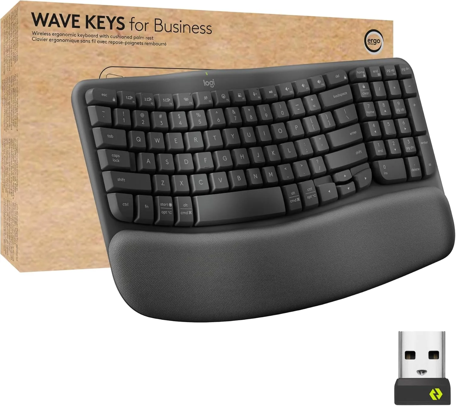 Logitech Wave Keys for Business, Wireless Ergonomic Keyboard with Cushioned Palm Rest, Secure Logi Bolt Technology
