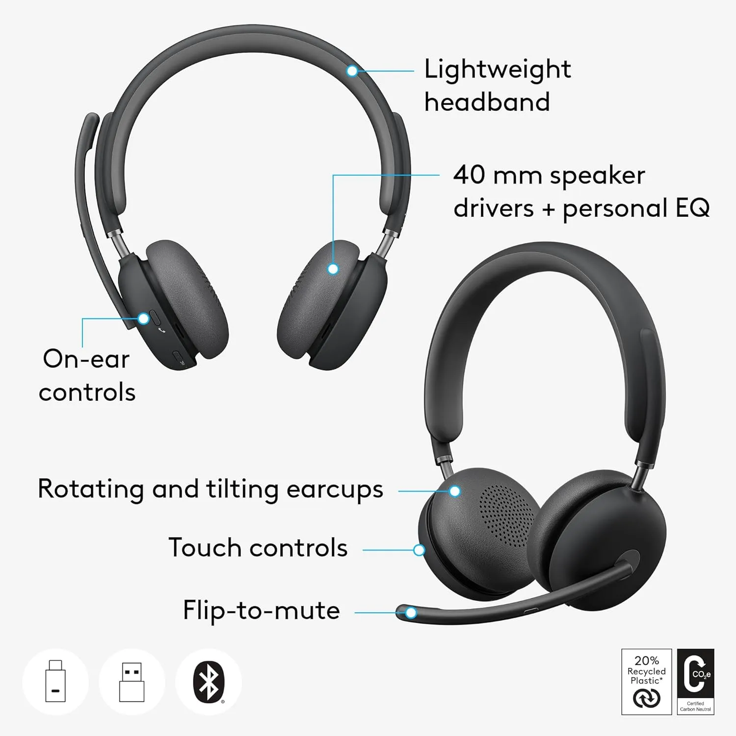 Logitech Zone 950 Premium Noise Canceling Headset with Hybrid ANC, Bluetooth, USB-C - Graphite