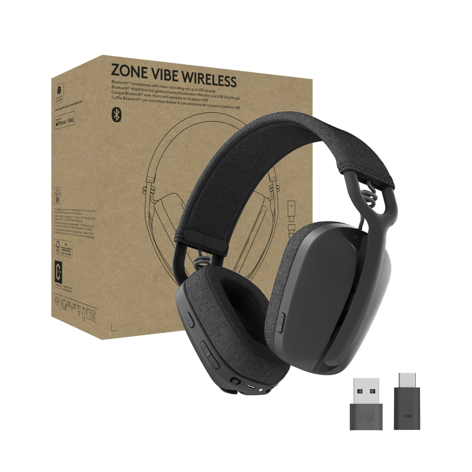 Logitech Zone Vibe Wireless Bluetooth Headset, Noise-Canceling - Graphite