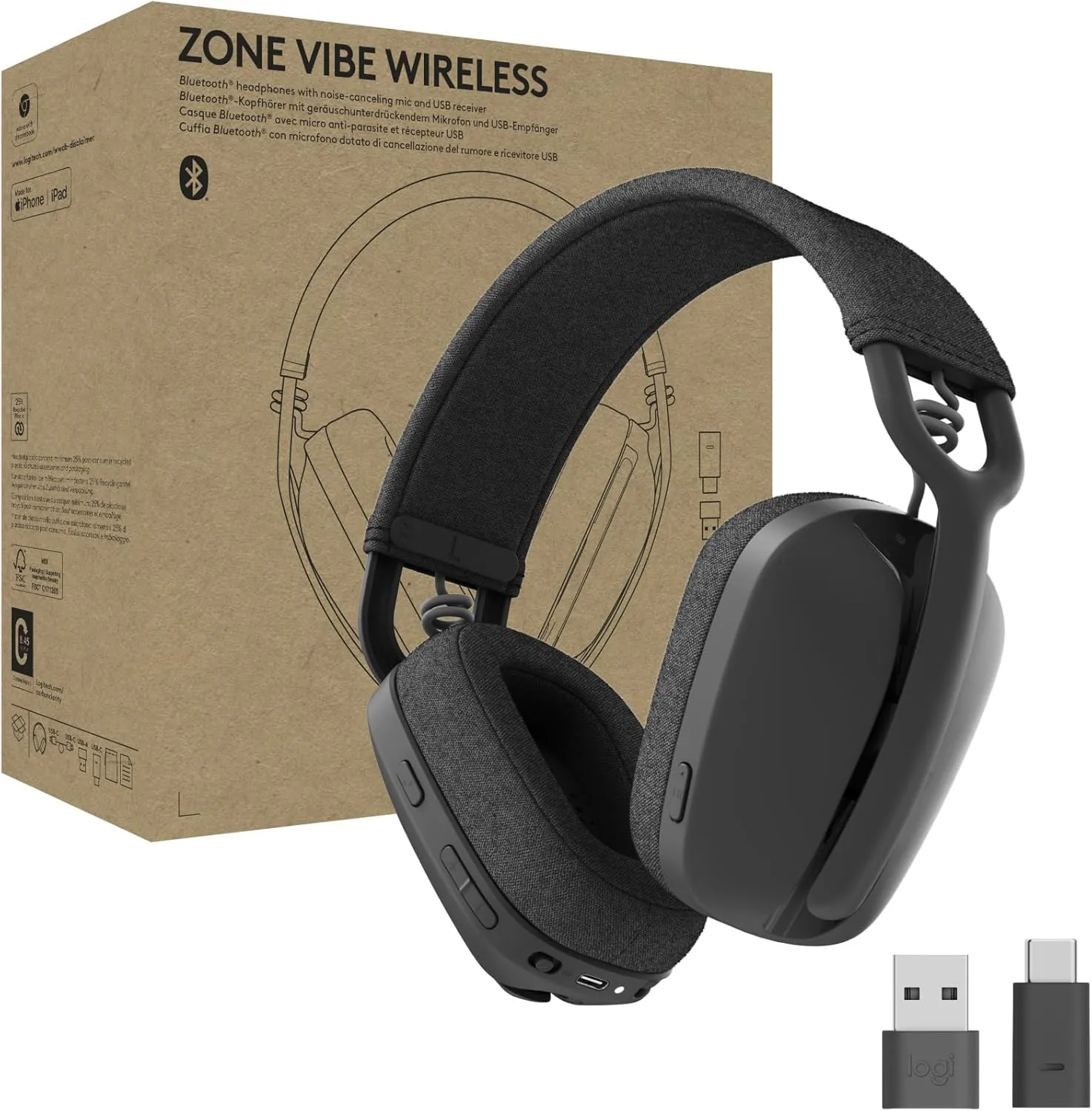 Logitech Zone Vibe Wireless Bluetooth Headset, Noise-Canceling - Graphite