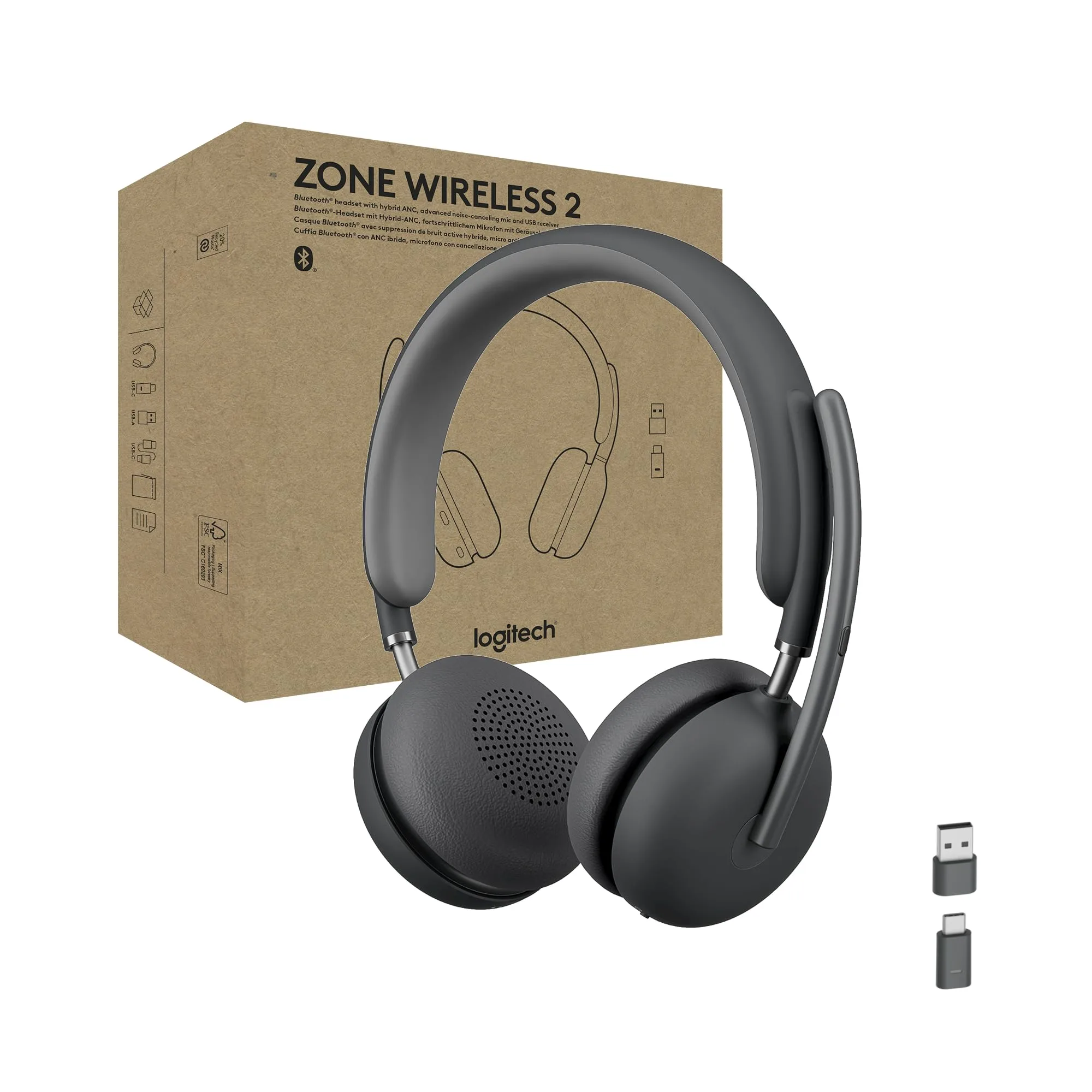 Logitech Zone Wireless 2 Premium Noise Canceling Headset with Hybrid ANC, Graphite