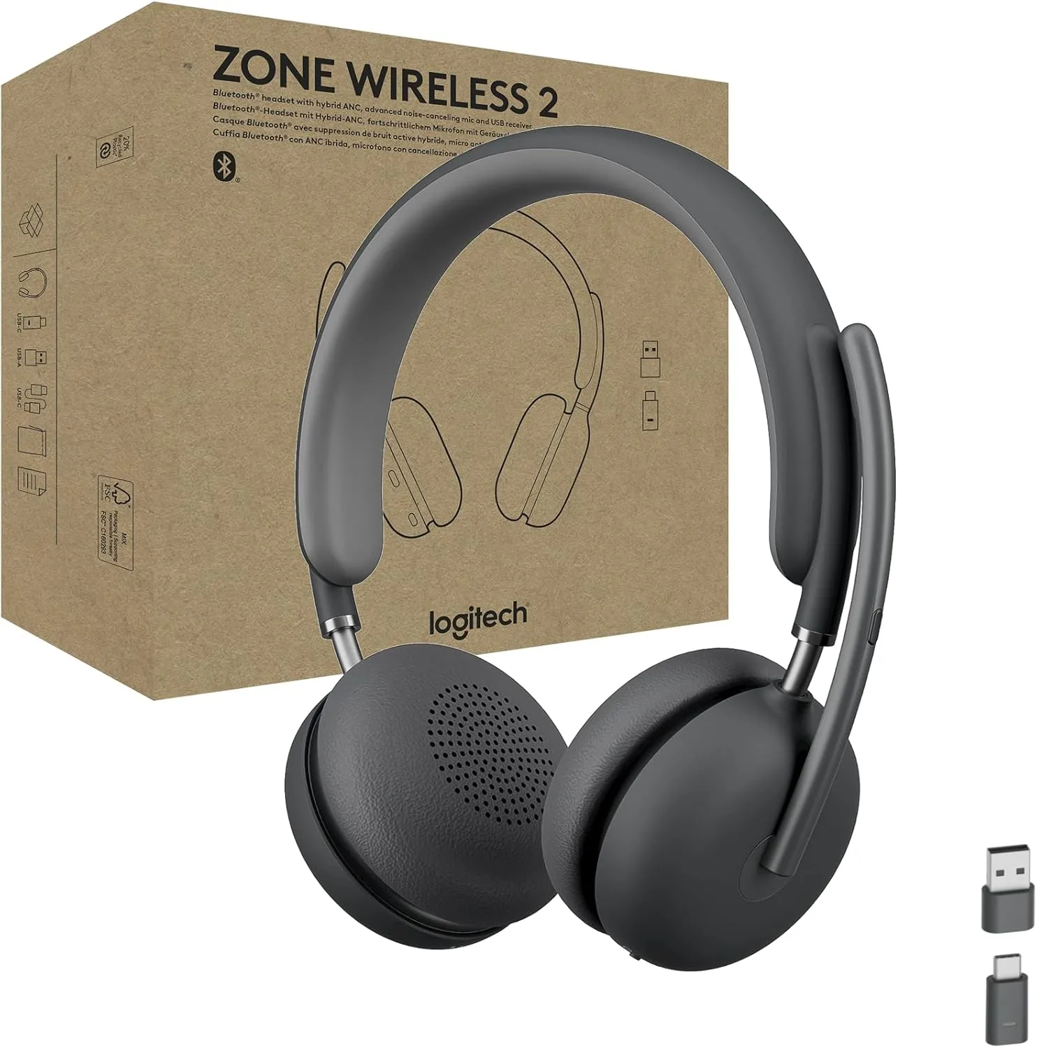 Logitech Zone Wireless 2 Premium Noise Canceling Headset with Hybrid ANC, Graphite