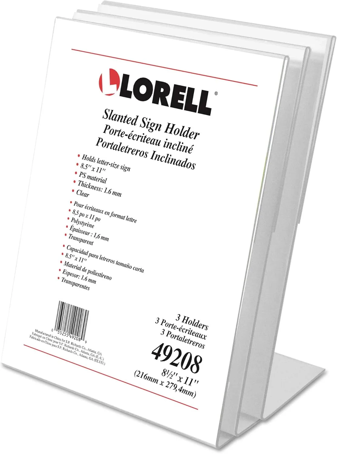 Lorell L-Base Acrylic Slanted Sign Holder Stand, 8.5 x 11, Clear, Pack of 3