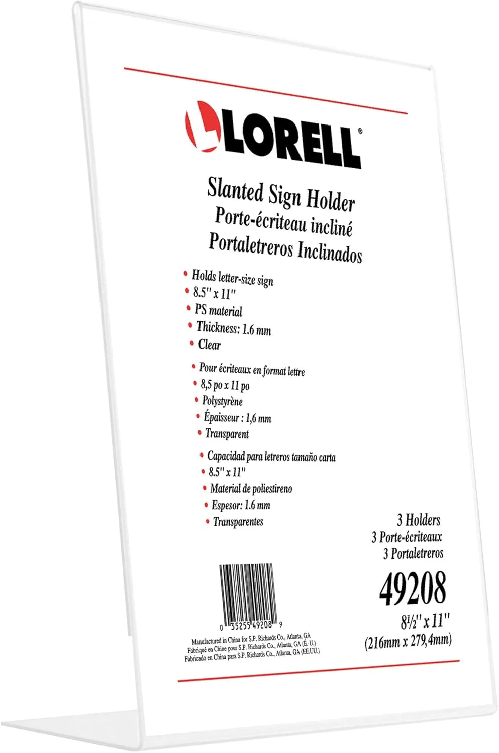 Lorell L-Base Acrylic Slanted Sign Holder Stand, 8.5 x 11, Clear, Pack of 3