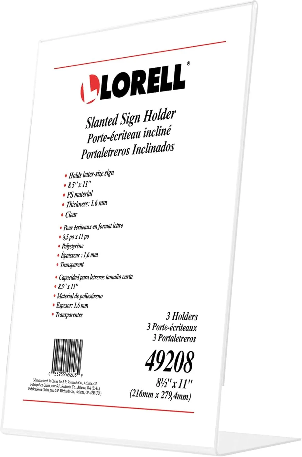 Lorell L-Base Acrylic Slanted Sign Holder Stand, 8.5 x 11, Clear, Pack of 3