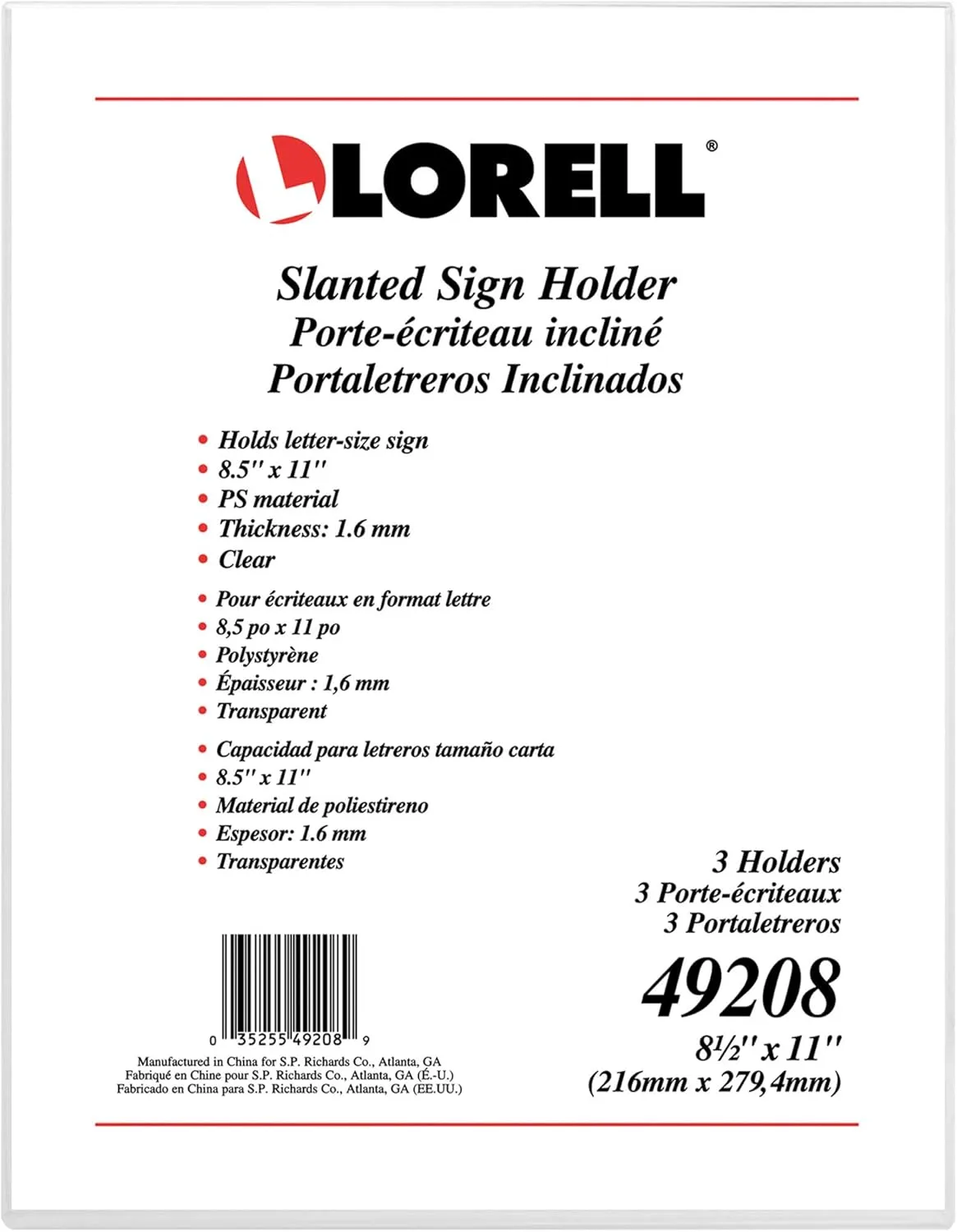 Lorell L-Base Acrylic Slanted Sign Holder Stand, 8.5 x 11, Clear, Pack of 3