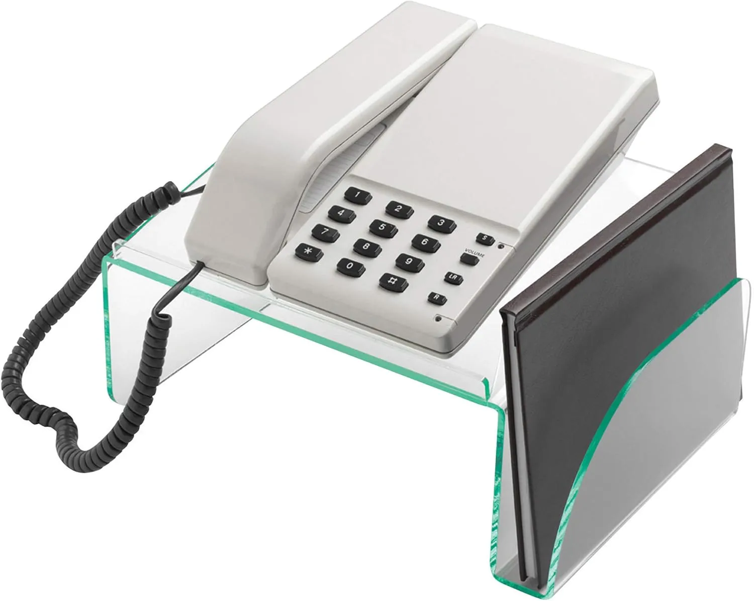 Lorell Acrylic Phone Stand, 11inW x 10inD x 5 1/2inH, Clear/Green Edge