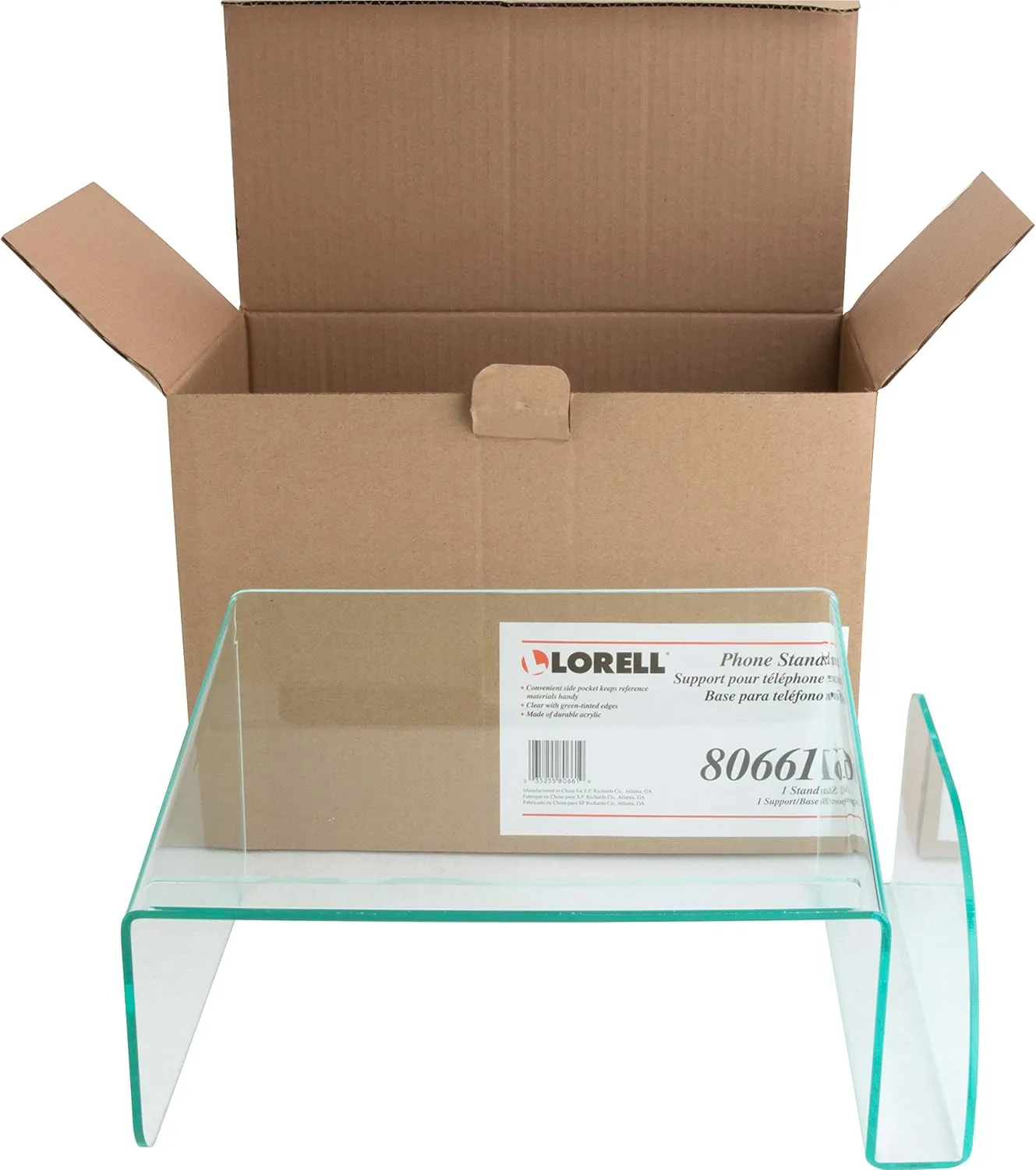 Lorell Acrylic Phone Stand, 11inW x 10inD x 5 1/2inH, Clear/Green Edge