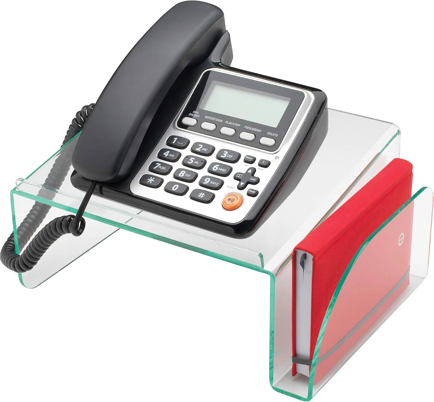 Lorell Acrylic Phone Stand, 11inW x 10inD x 5 1/2inH, Clear/Green Edge
