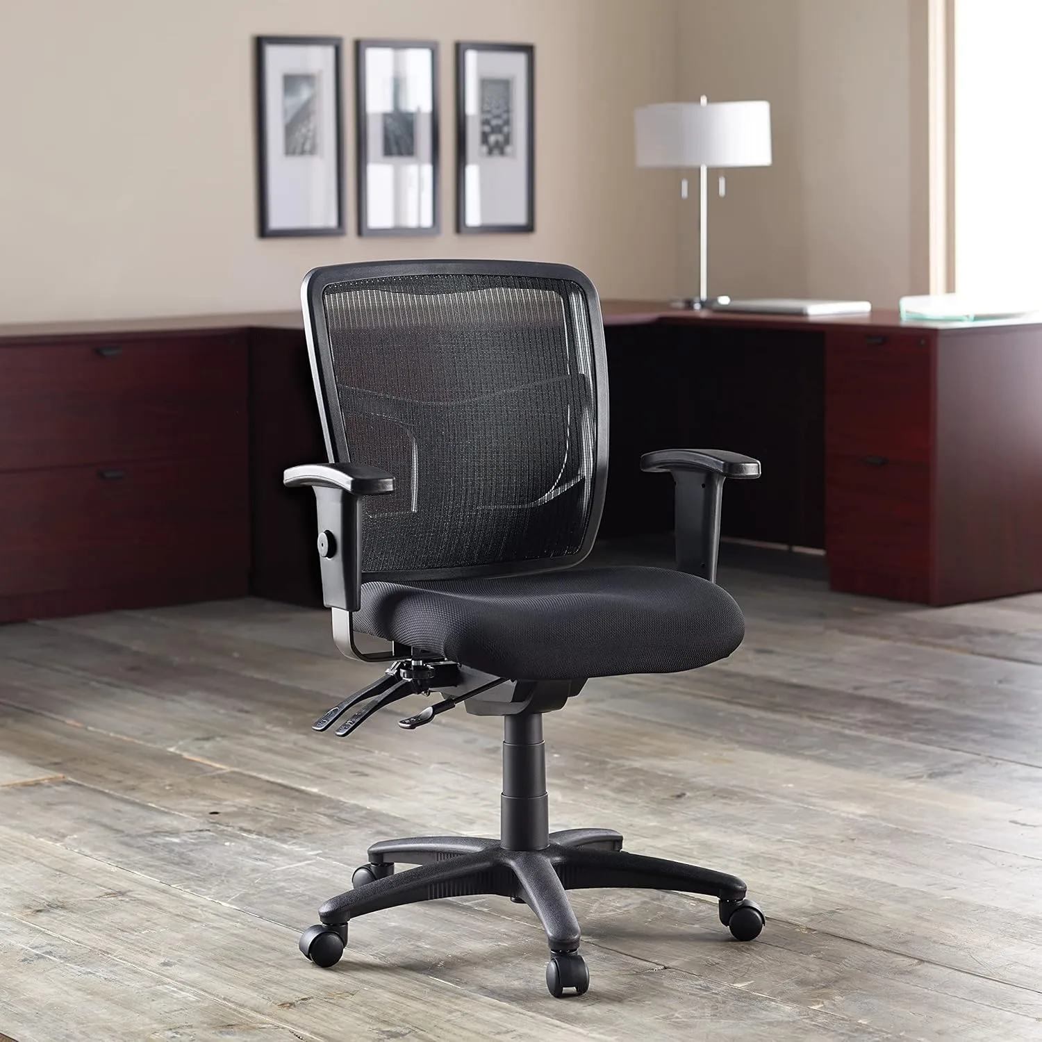 Lorell, LLR86201, ErgoMesh Series Managerial Mid-Back Chair Black Mesh Back/ Black Fabric Seat