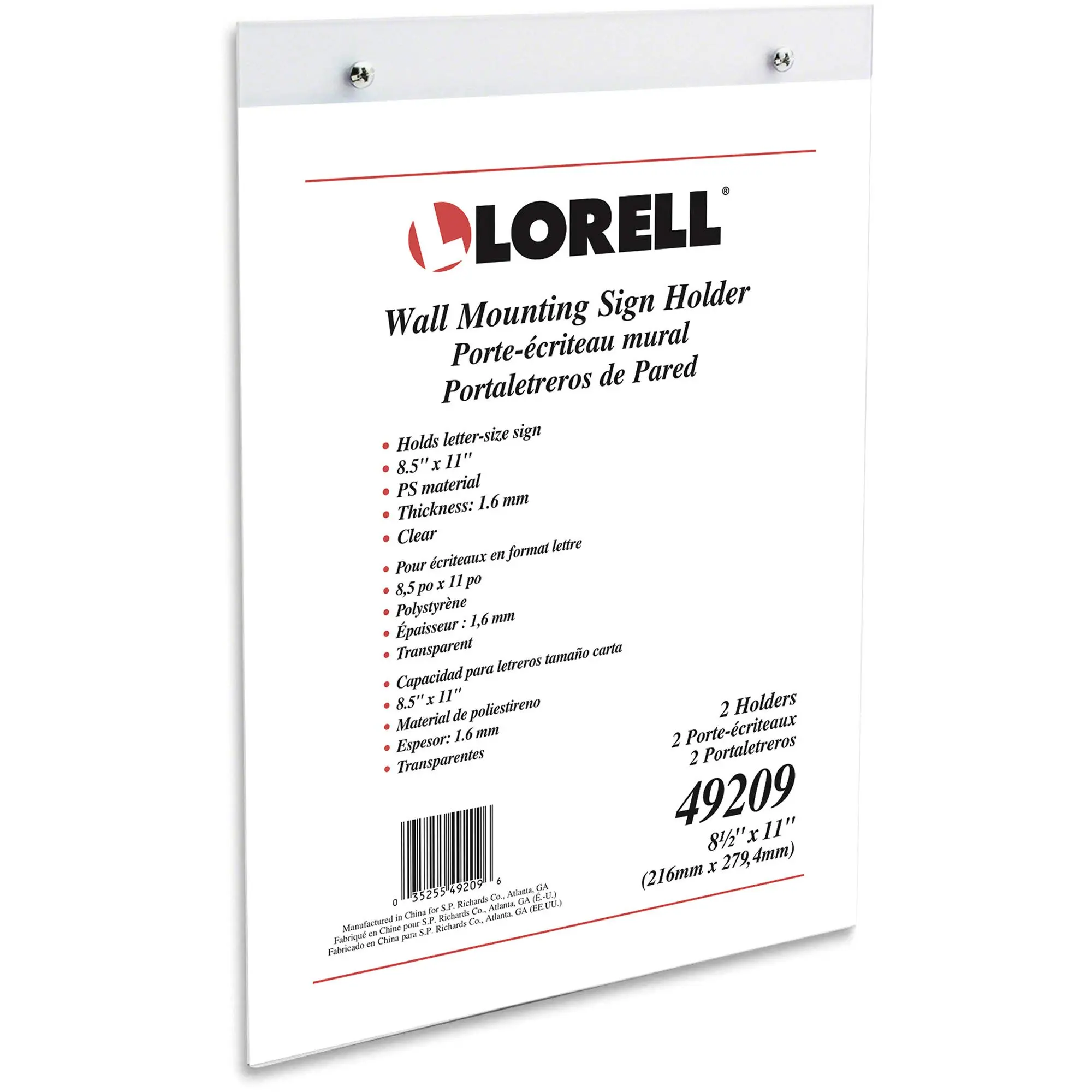 Lorell Wall-Mounted Sign Holder, 8-1/2 x 11 in, Clear - 1 Pack