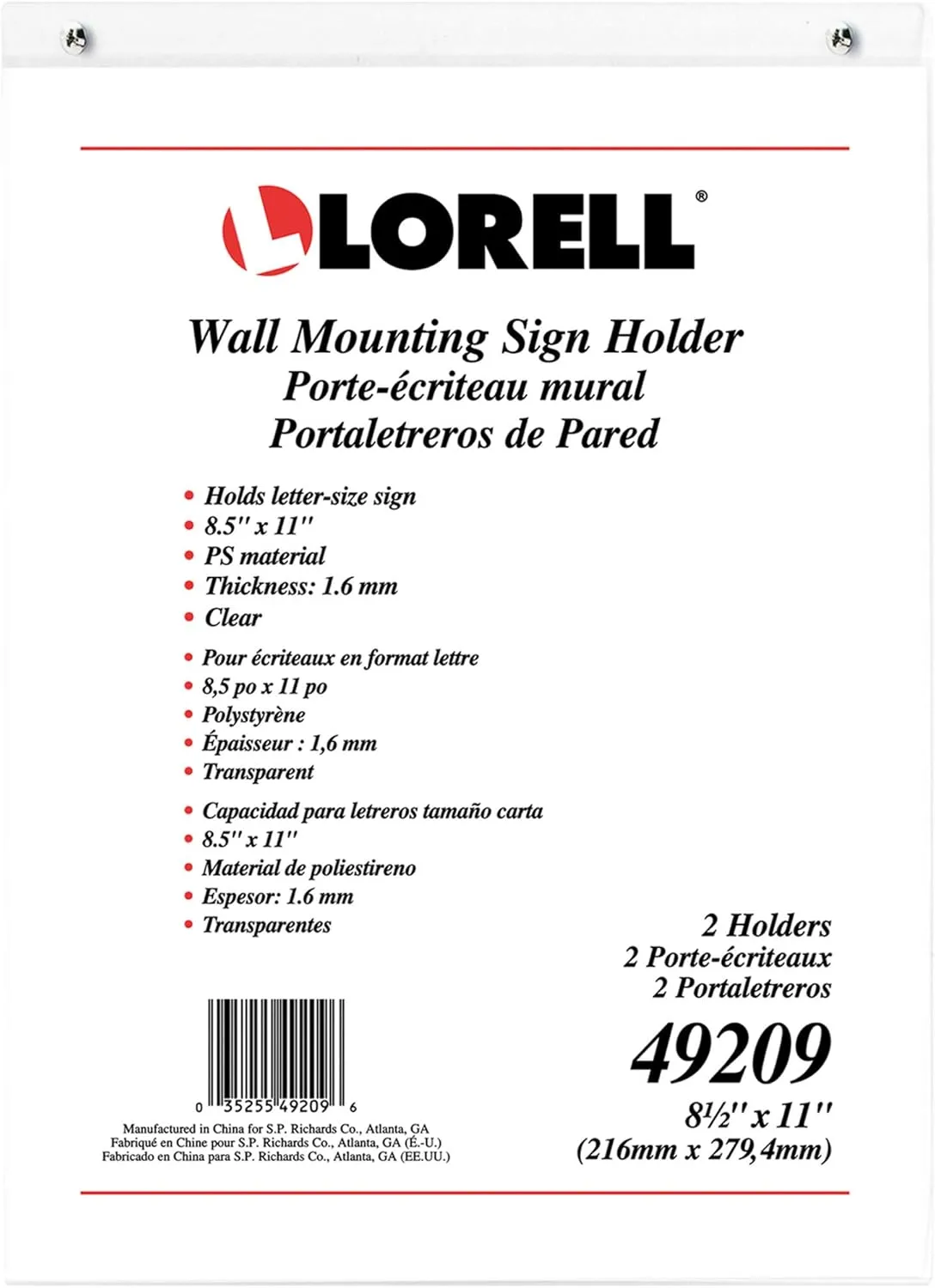 Lorell Wall-Mounted Sign Holder, 8-1/2 x 11 in, Clear - 1 Pack
