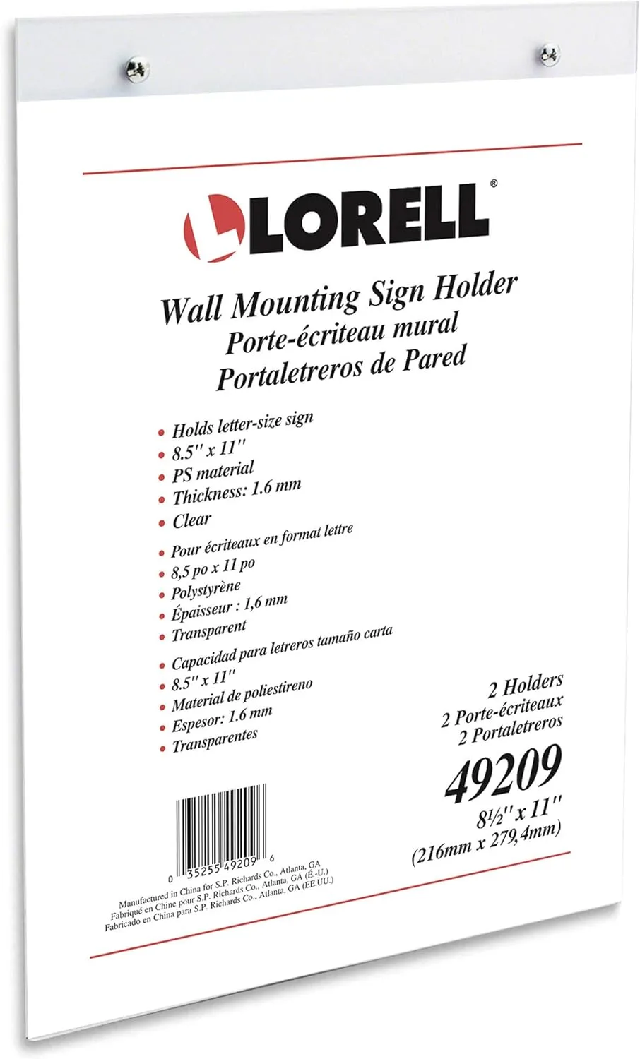 Lorell Wall-Mounted Sign Holder, 8-1/2 x 11 in, Clear - 1 Pack