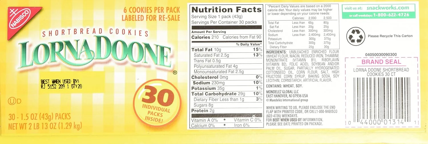 Lorna Doone Shortbread Cookies, 1.5 Oz, 6 Cookies Per Pack, Box Of 30 Packs