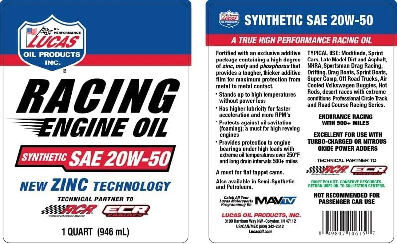 Lucas Oil 10615 Racing Only Synthetic SAE 20W-50 Engine Oil - 1 Quart