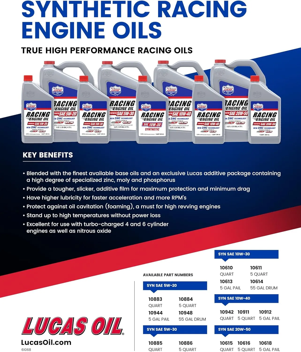 Lucas Oil 10615 Racing Only Synthetic SAE 20W-50 Engine Oil - 1 Quart
