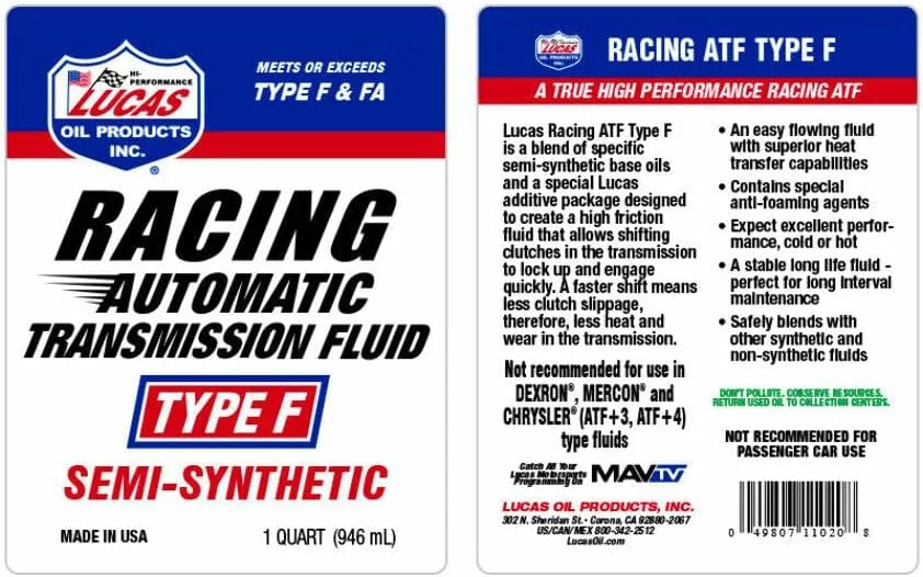 Lucas Oil Semi-Synthetic Racing ATF Type F/6x1/Quart One Size