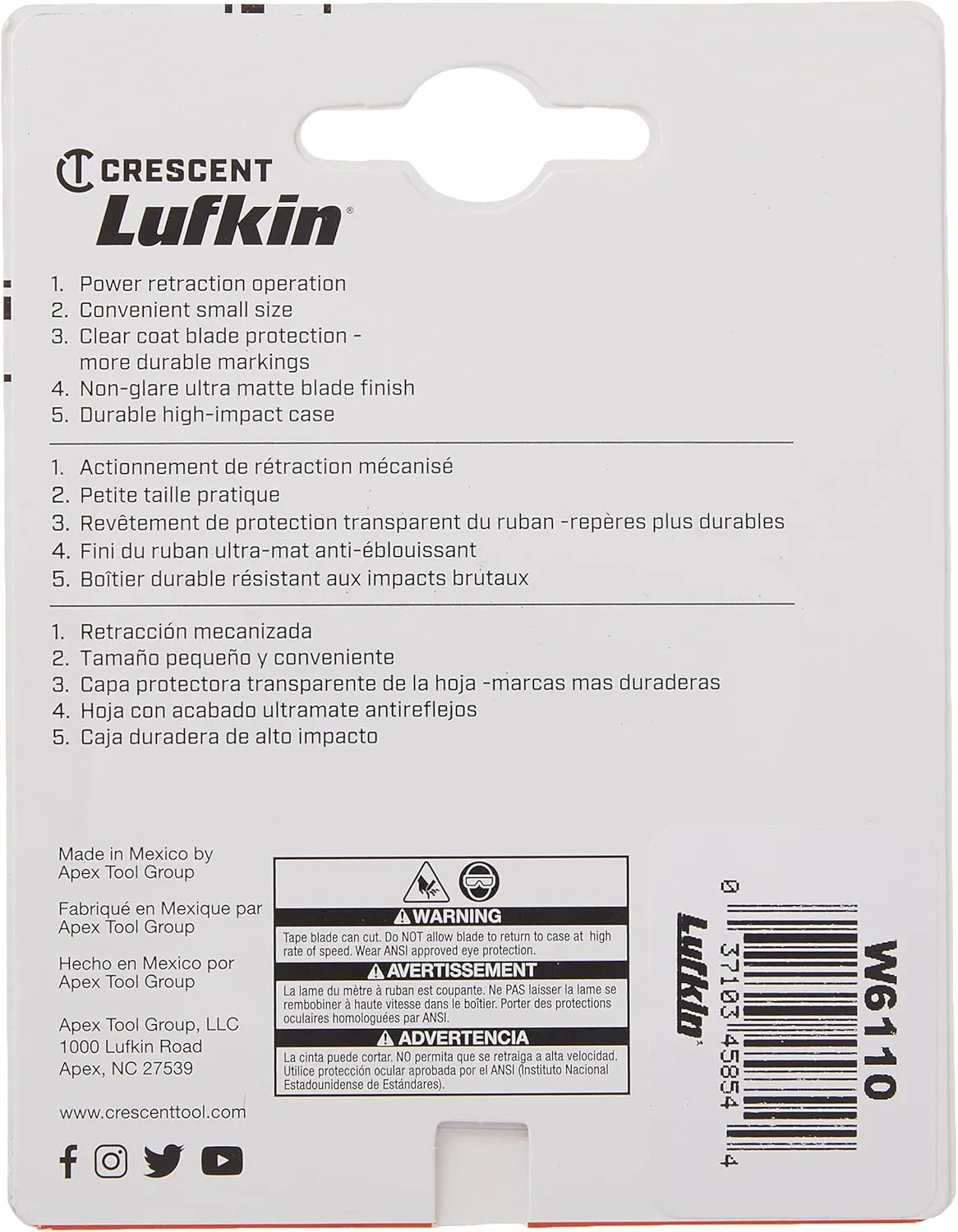 Crescent Lufkin 1/4" x 10' Pee Wee Yellow Clad Pocket Tape Measure - W6110 , Black