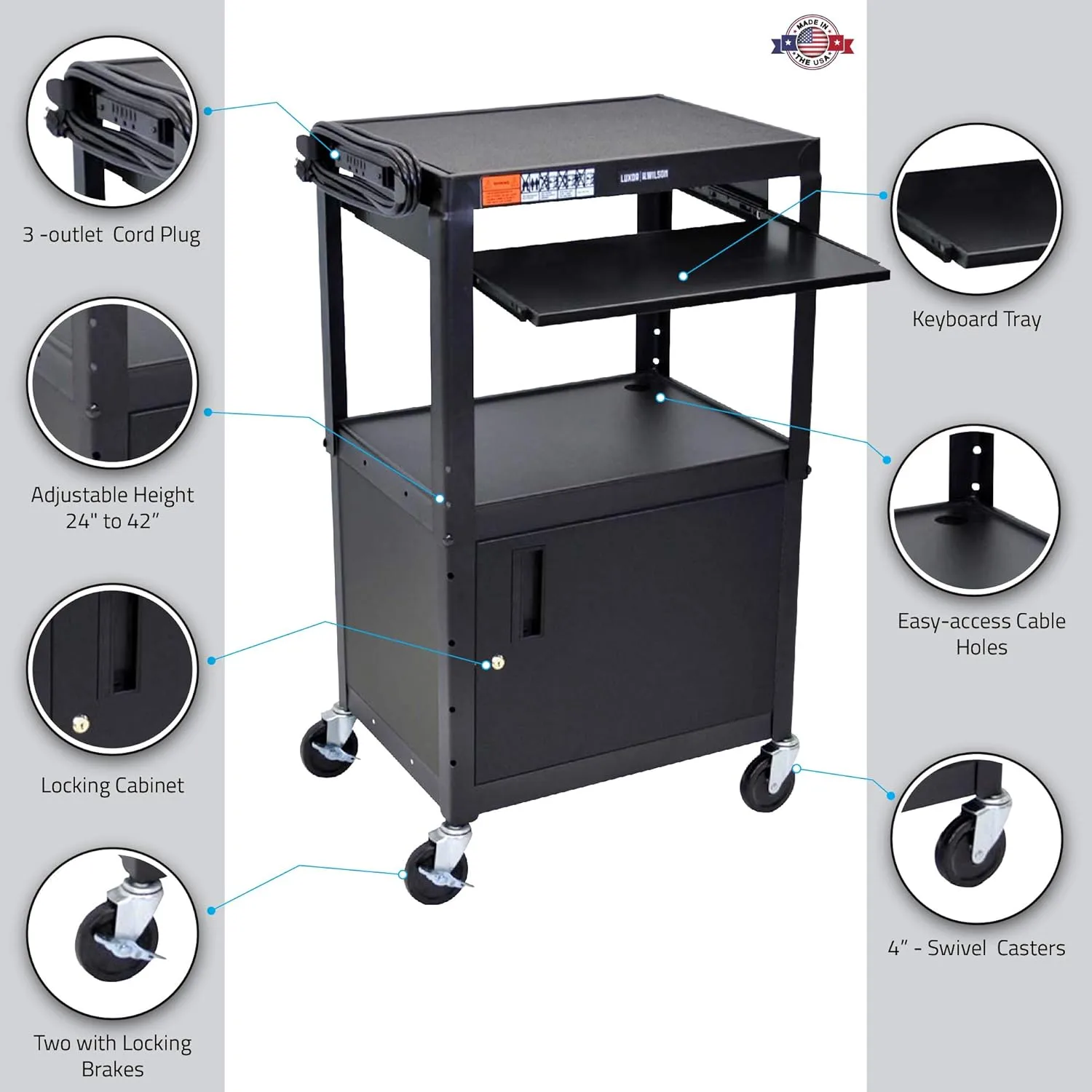 LUXOR AVJ42KBC Adjustable Steel A/V Cart - Cabinet with Pullout Trays