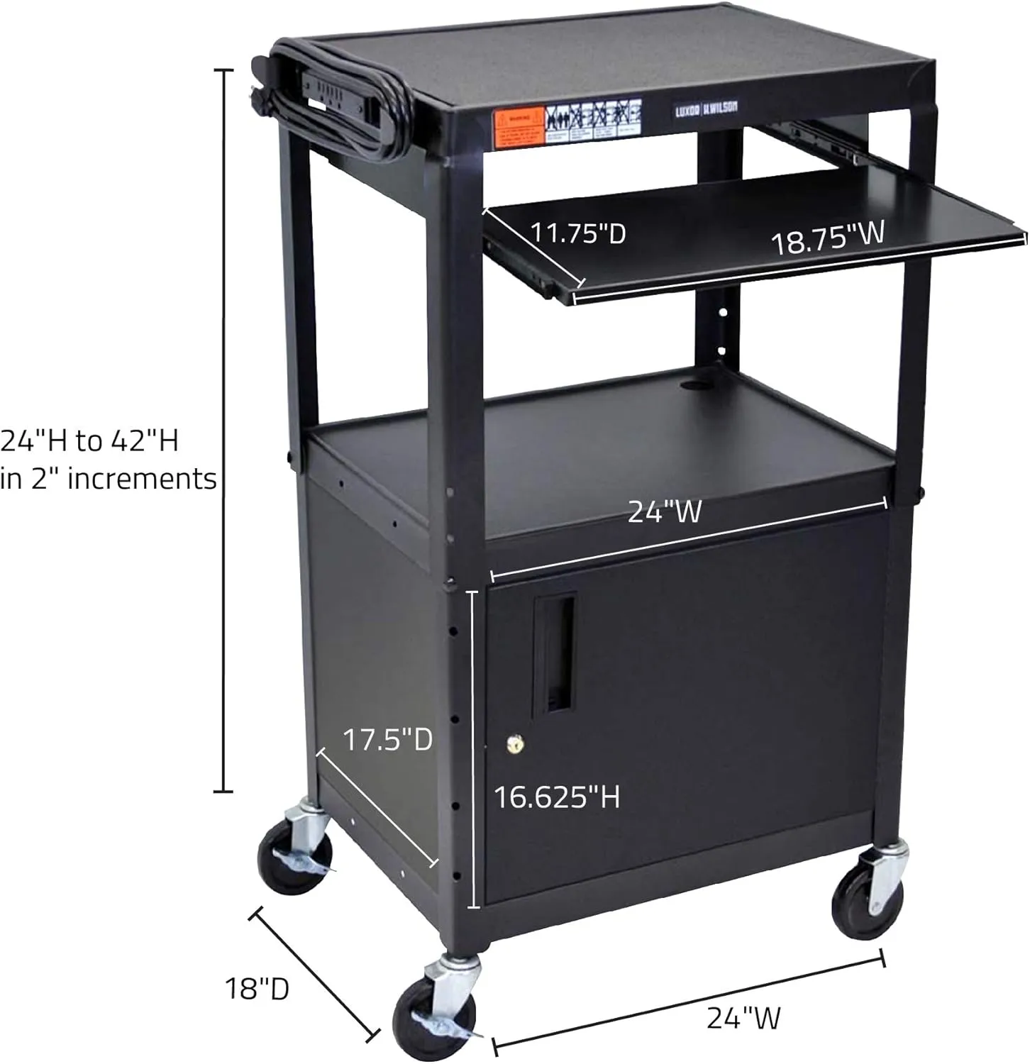 LUXOR AVJ42KBC Adjustable Steel A/V Cart - Cabinet with Pullout Trays