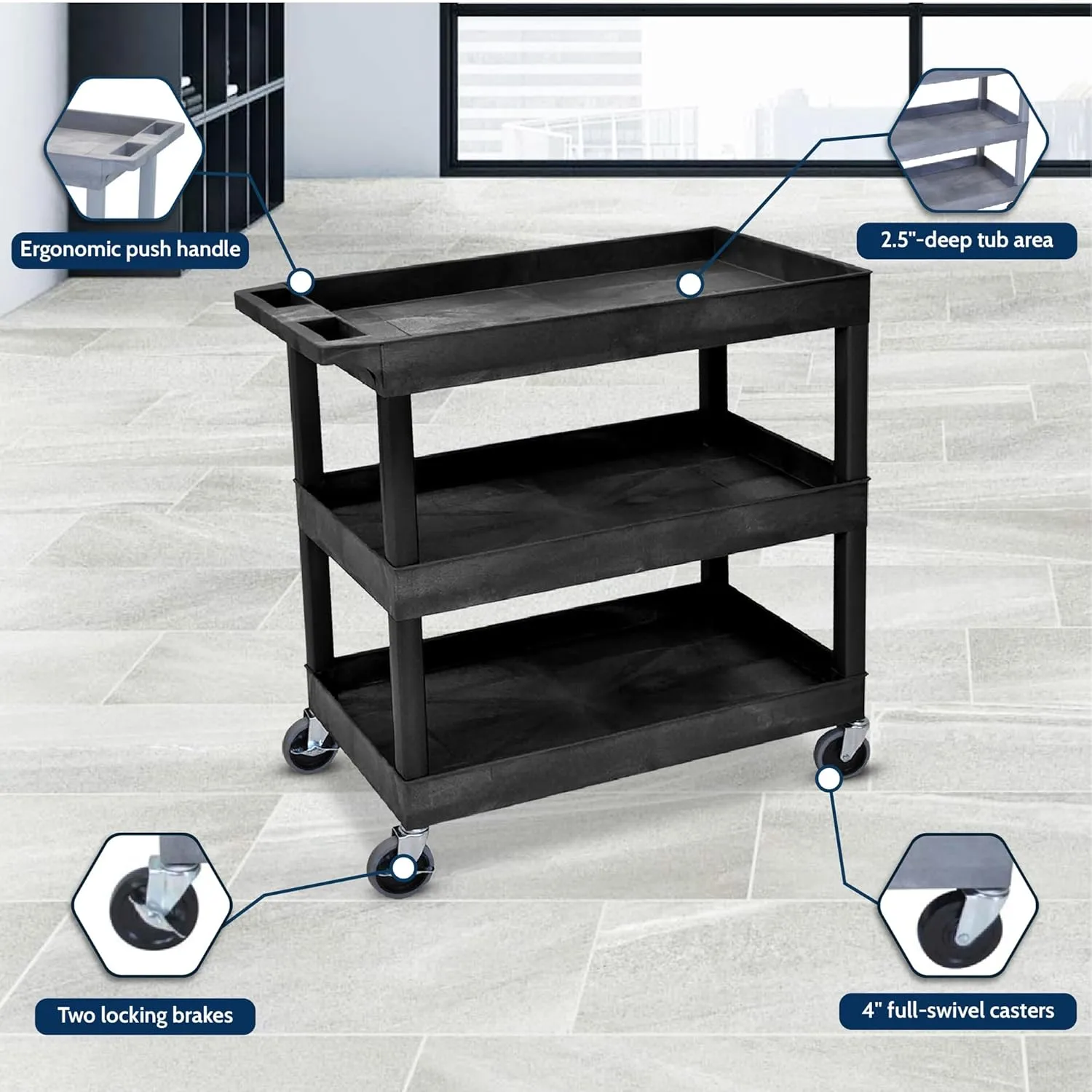 LUXOR EC111-B Heavy Duty Plastic Utility Cart, 32" x 18" Rolling Tub Cart with Three Shelves, 300 lbs. Capacity