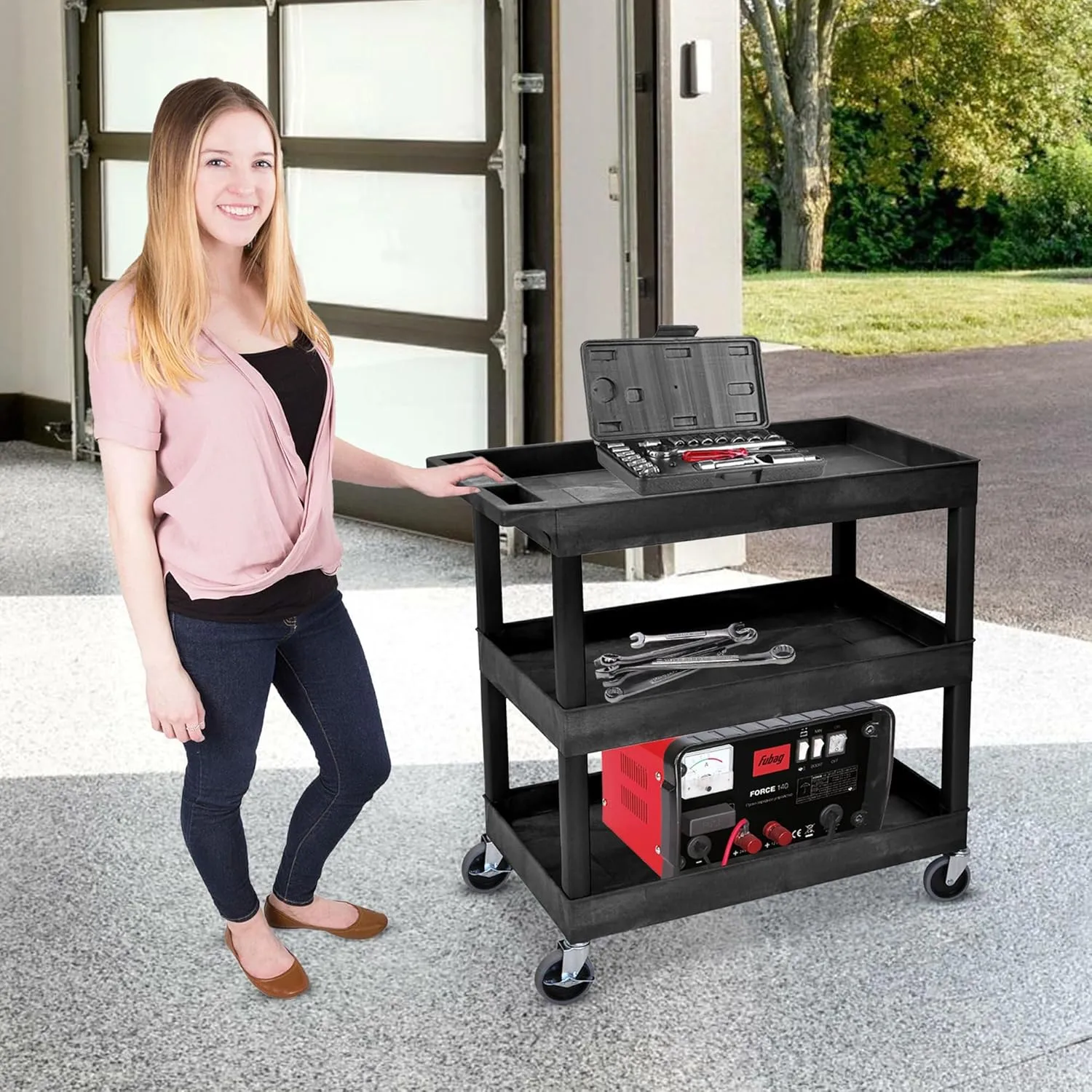 LUXOR EC111-B Heavy Duty Plastic Utility Cart, 32" x 18" Rolling Tub Cart with Three Shelves, 300 lbs. Capacity