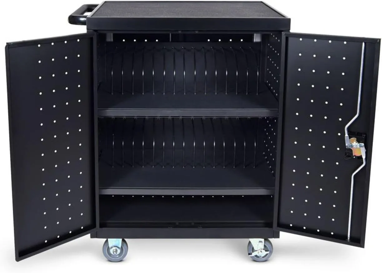 Luxor 32-Device Charging Cart With Timer, 38-1/4inH x 28-1/2inW x 21inD, Black