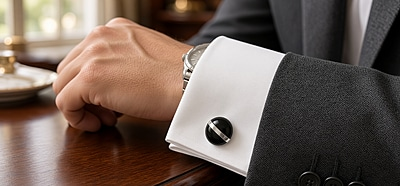 English Sterling/Black Onyx with Stripe Cufflinks. SKU #: CU542.