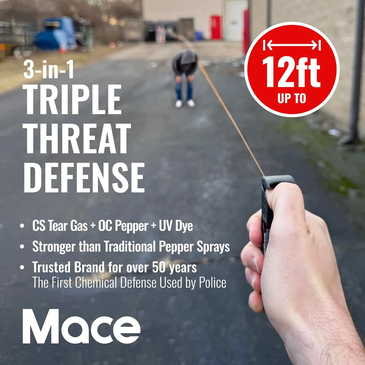 Mace Pepper Spray - Triple Action Model, 3-in-1 Formula (OC, Tear Gas, UV Dye), Flip Top Safety Cap
