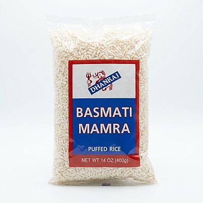 14oz bag of Laxmi Mamra Basmati showing light, crispy puffed rice made from premium Basmati grains