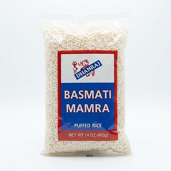14oz bag of Laxmi Mamra Basmati showing light, crispy puffed rice made from premium Basmati grains