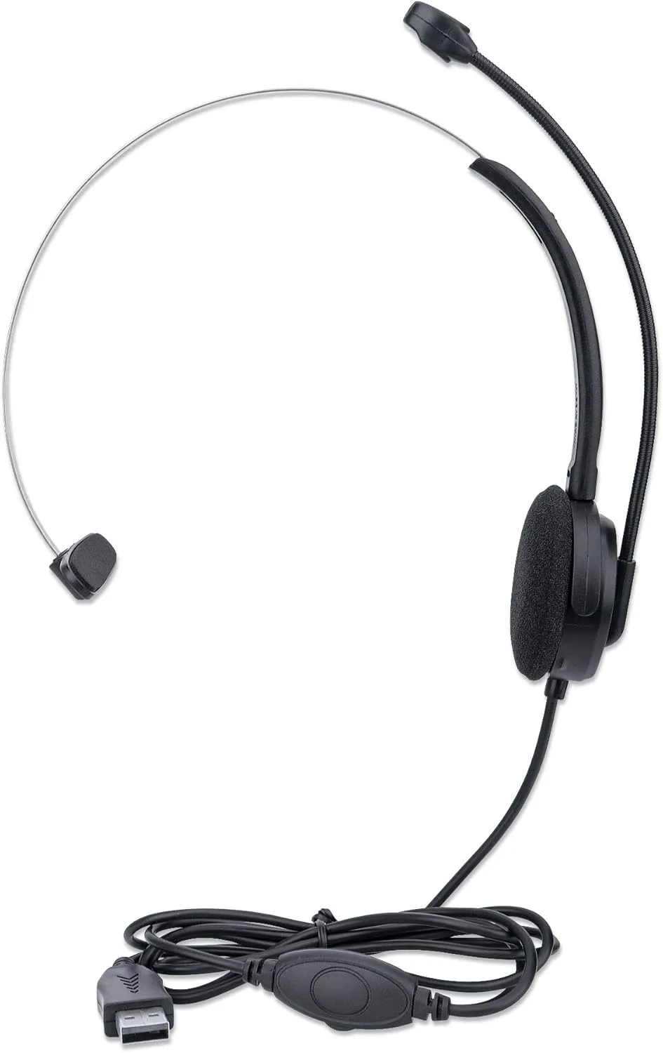 MANHATTAN USB Headset with Mic & 5 ft Cable - Cushion Mono/Single-Sided, On-Ear, in-line Volume Control