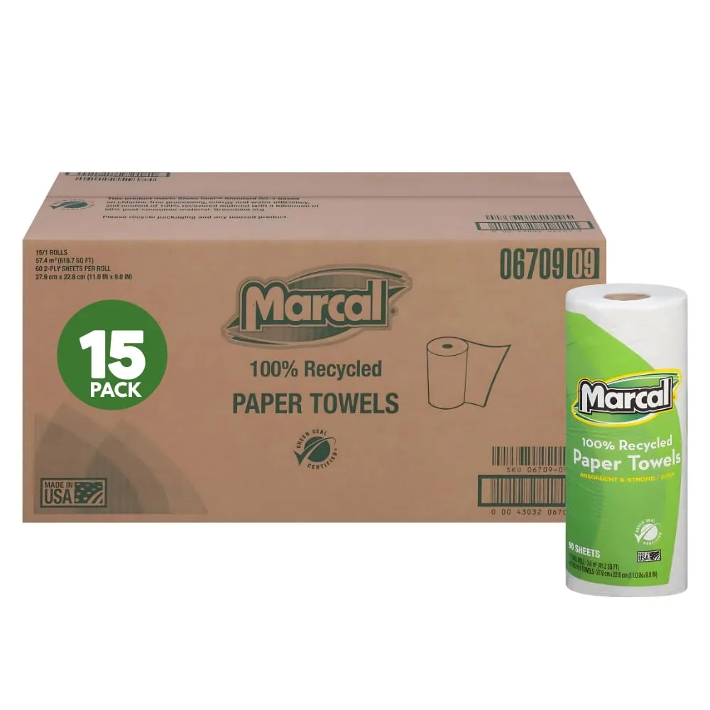 Marcal Paper Towels 100% Recycled 2-Ply, 60 Sheets Per Roll - Case of 15