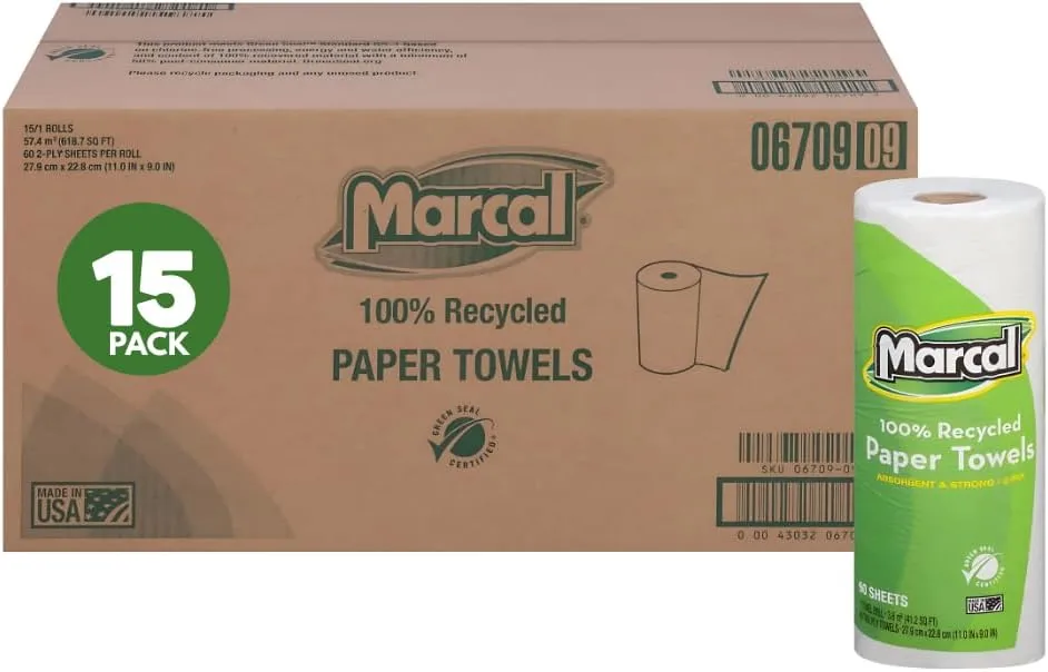 Marcal Paper Towels 100% Recycled 2-Ply, 60 Sheets Per Roll - Case of 15