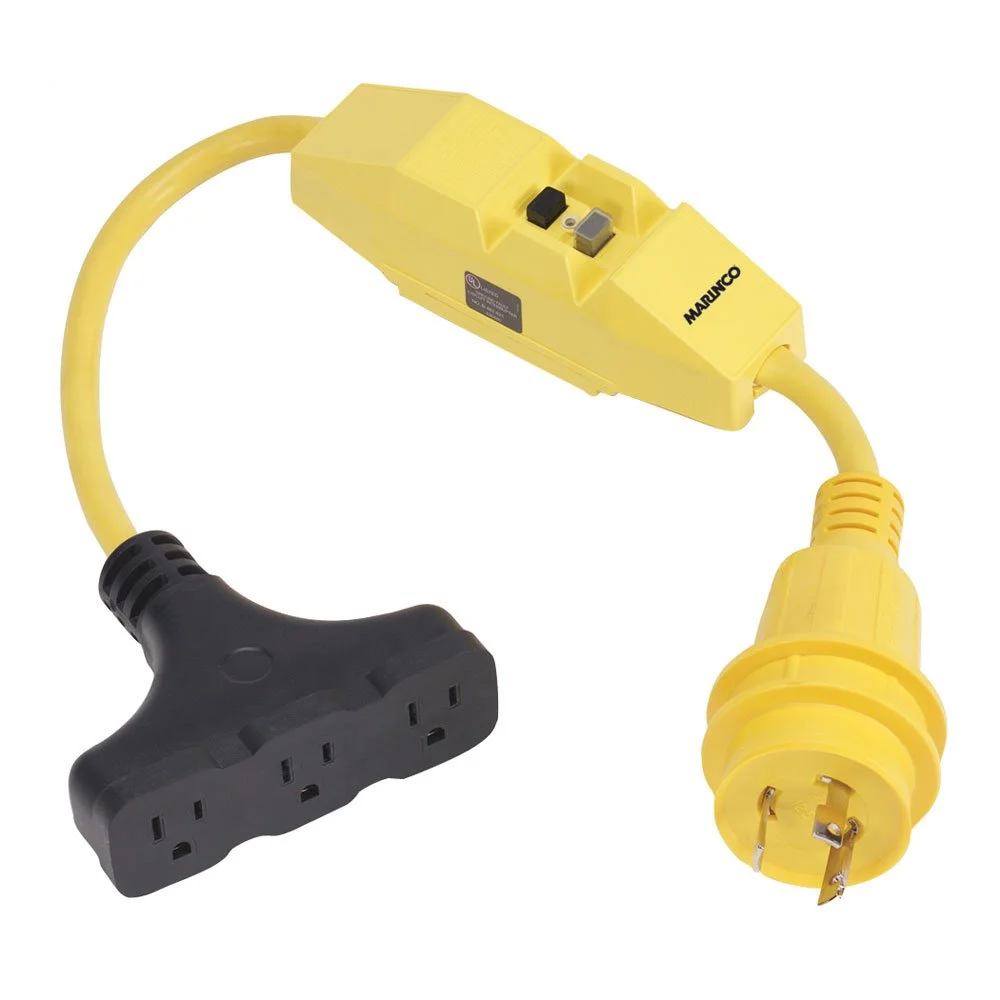 Marinco 199128 Pigtail Adapter, 30A 125V Male To 3-Way 15A 125V Female With GFCI,Yellow,Black