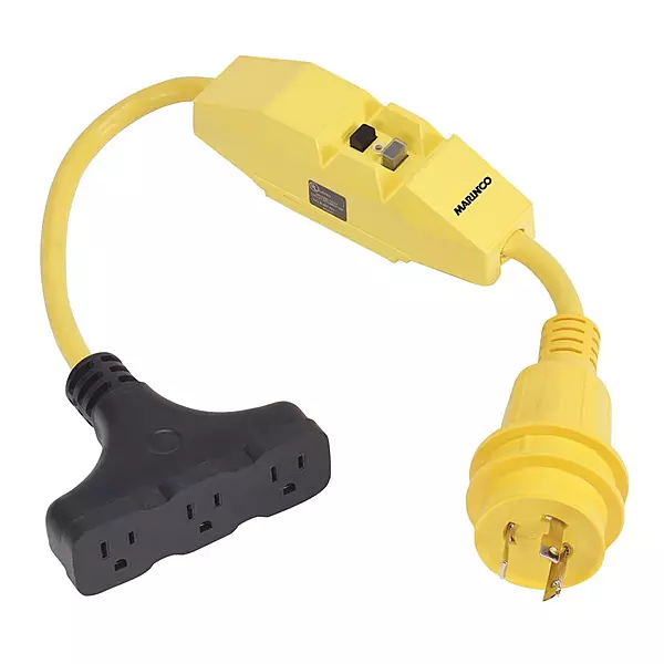 Marinco 199128 Pigtail Adapter, 30A 125V Male To 3-Way 15A 125V Female With GFCI,Yellow,Black